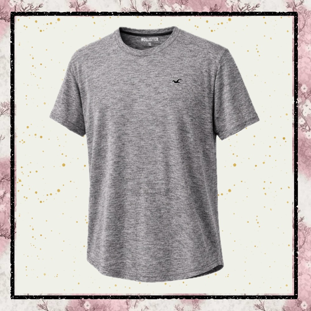 Hollister Gray Space Heathered Logo T-Shirt XL | Curved Hem Cotton Crewneck Tee